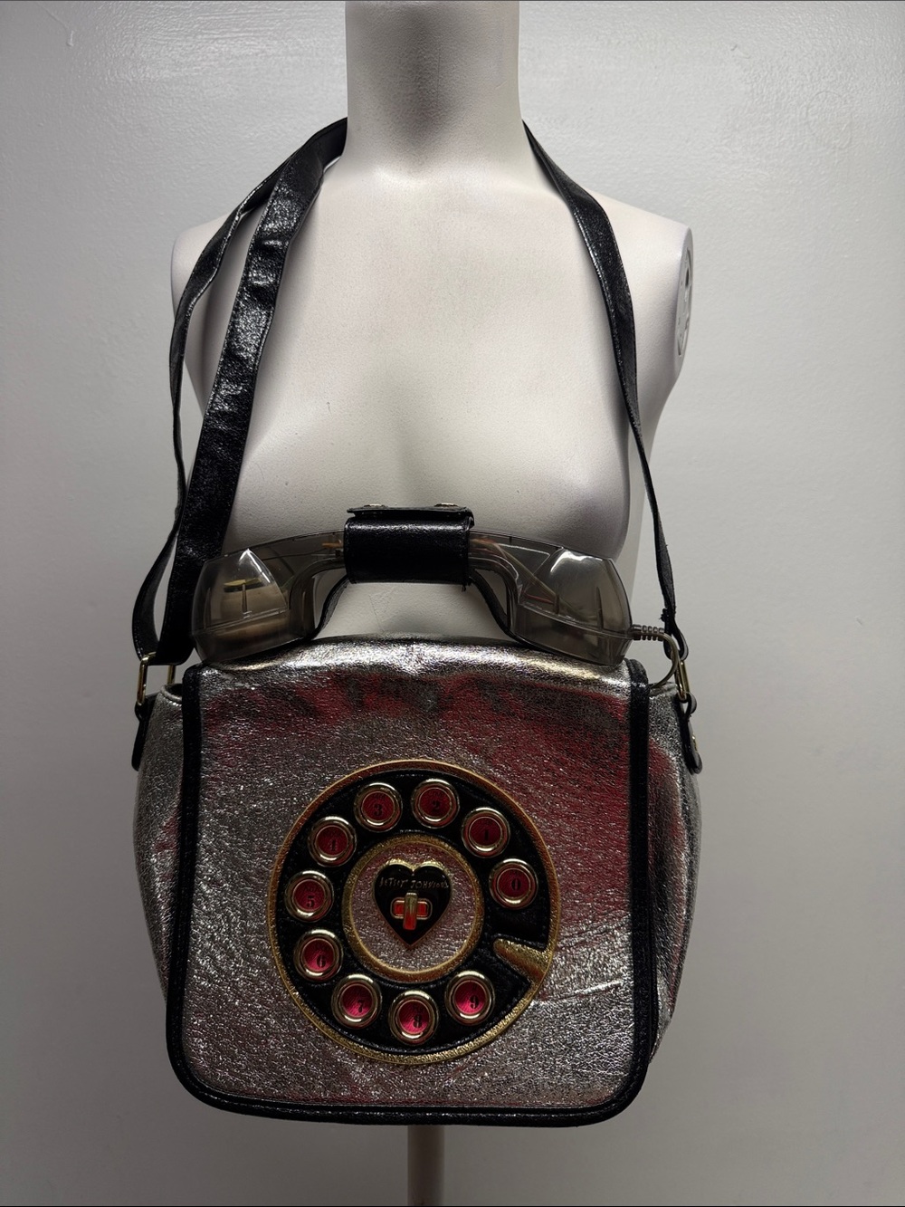 Betsey Johnson Telephone Purse Phone Crossbody Bag Metallic Silver Y2K Vintage